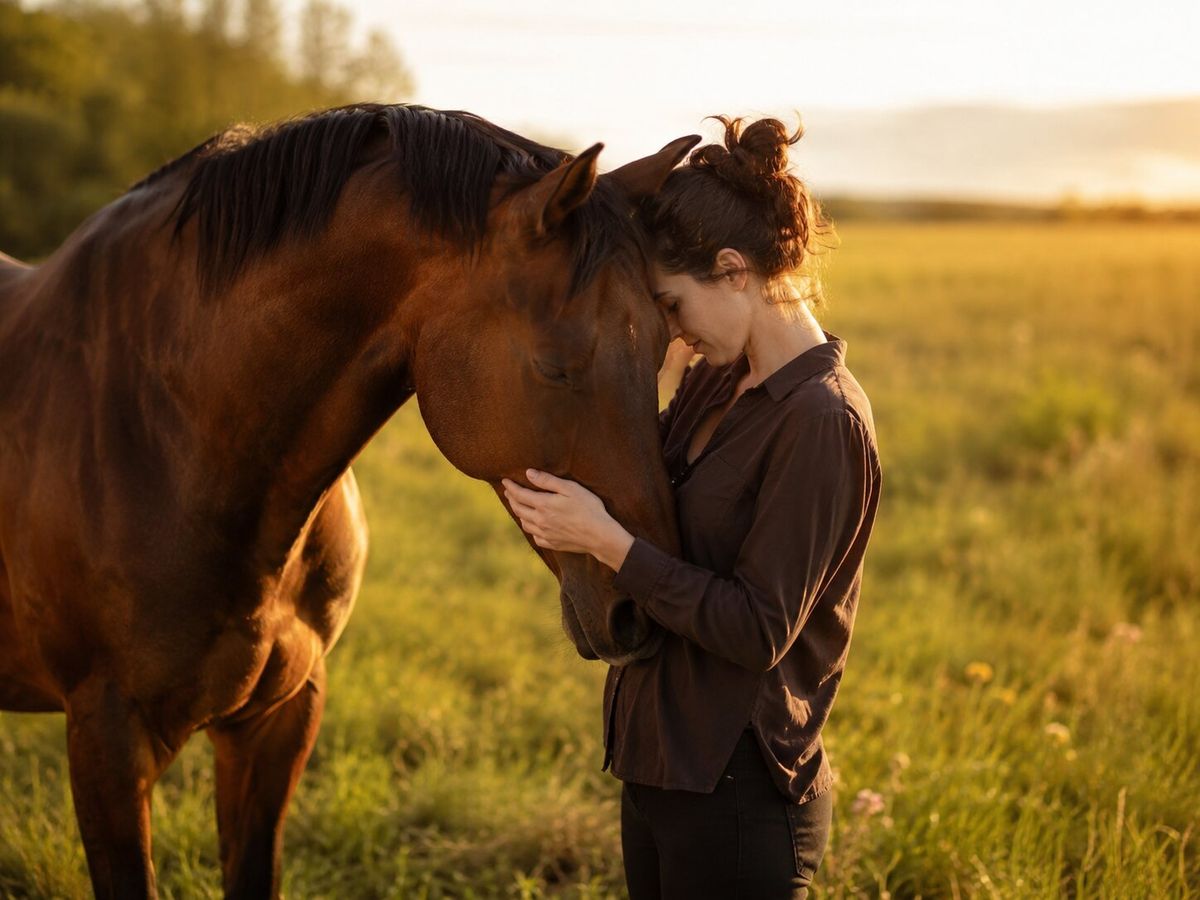 Femme en connexion avec un cheval brun