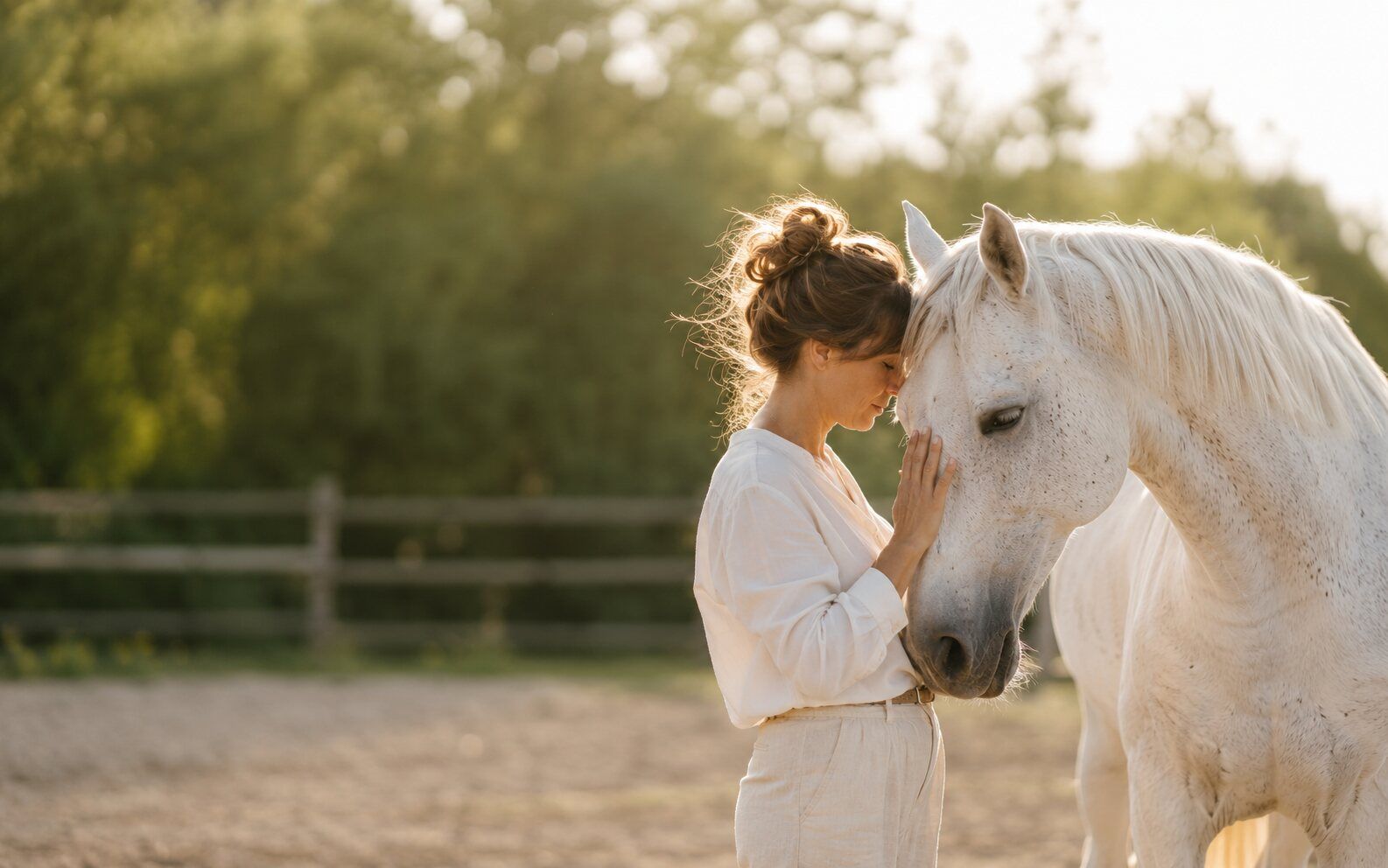 Femme posant sa main contre un cheval blanc